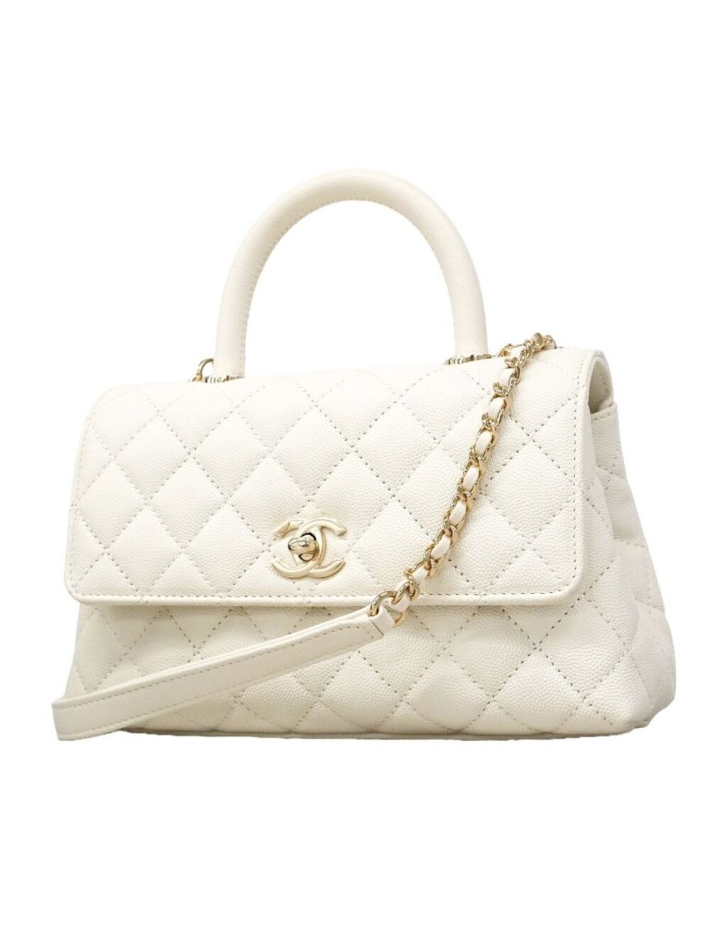Chanel Handbag Coco Handle Caviar Leather White Champagne Gold 2-Way Bag